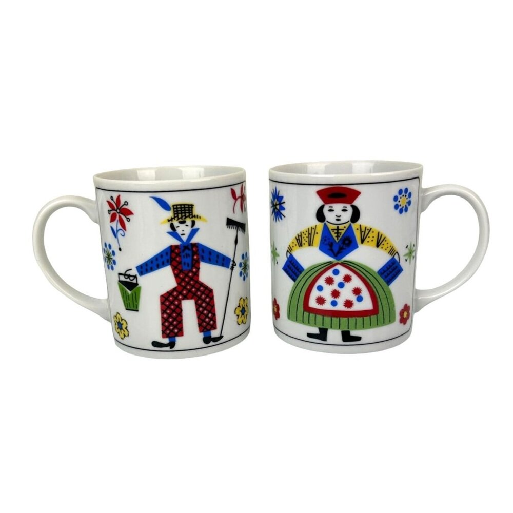 The Good Old Days Set of 2 Ceramic Coffee Mugs 1980 Dutch Farmer Wife Colorful